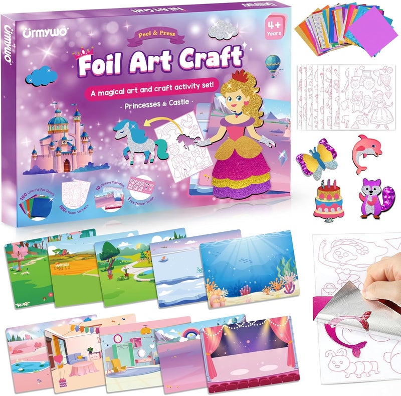 URMYWO Foil Arts and Crafts for Kids Ages 4-8, No Mess Princess Fun Foil Art Craft Supplies Kits, DIY Creative Activity Coloring Books, Travel Toys Gifts for 4 5 6 7 8 9 10 Year Old Girls Boys - Image 1